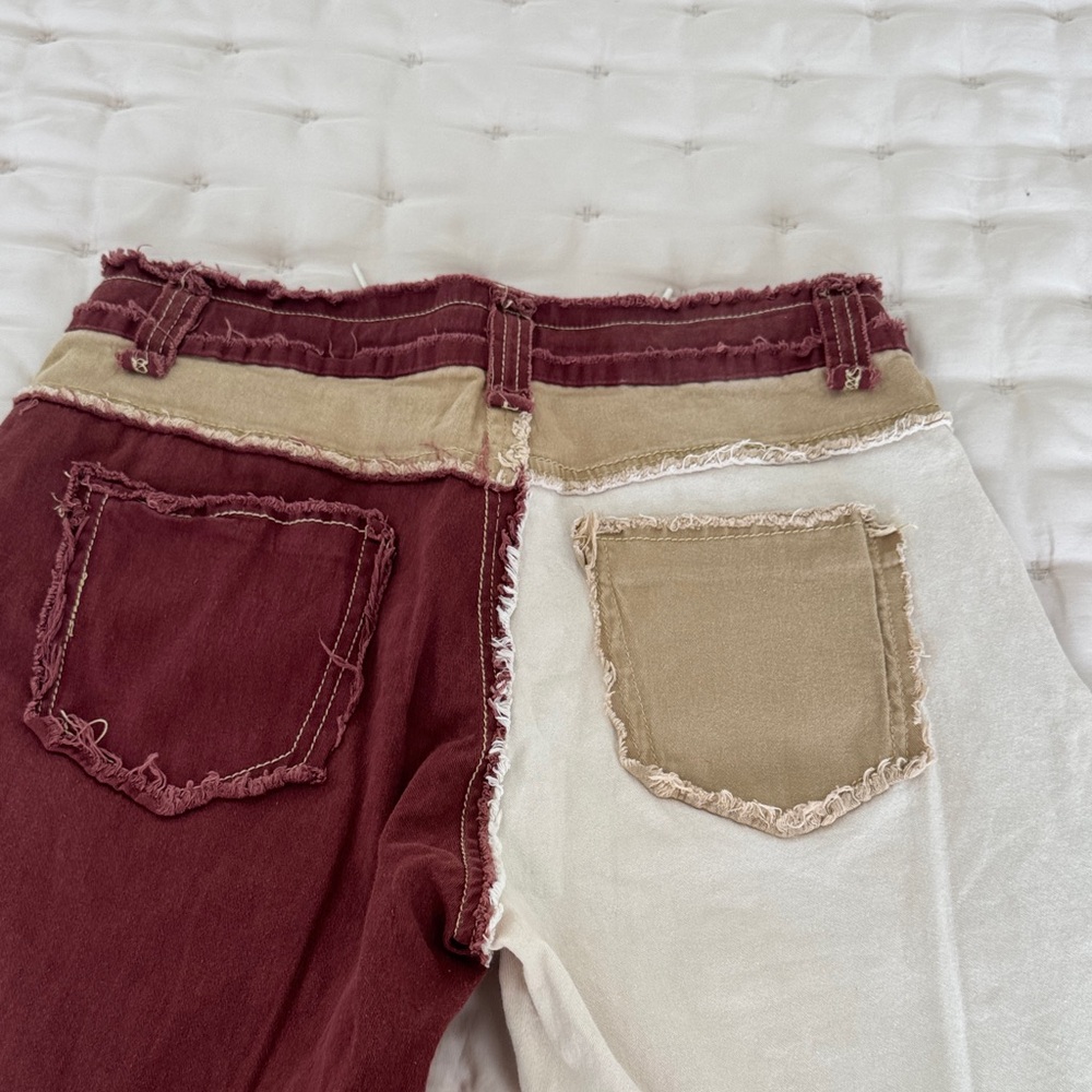 Women’s Patchwork Denim Jeans Wide-Leg Pants in Burgundy, Beige & Ivory size L - Picture 11 of 11